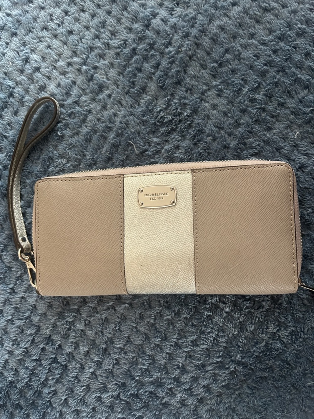 Michael Kors Taupe Wallet with Metallic Gold Center Stripe Wristlet